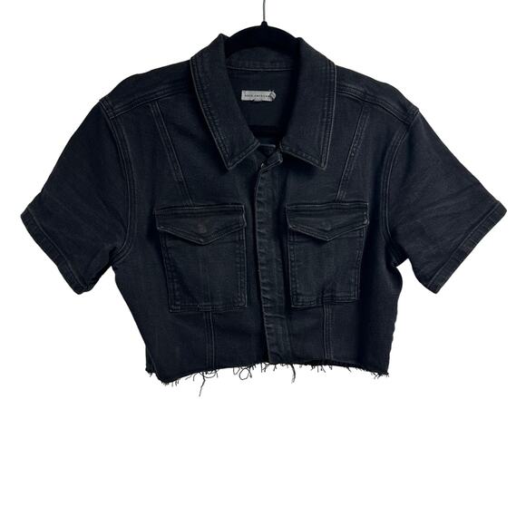 Good American Jackets & Blazers - Good American Cropped Jean Jacket size 4 Black Wash Distressed Short Sleeve